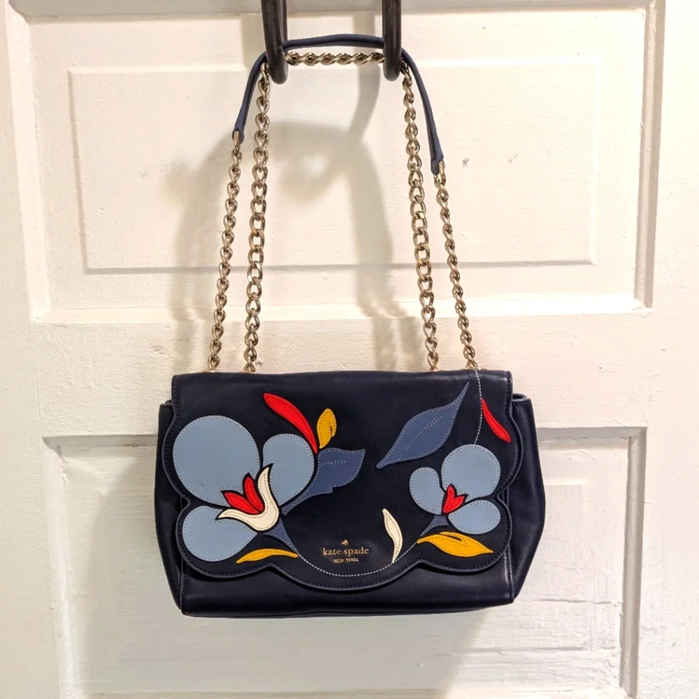 kate spade Black Floral Appliqué Leather Shoulder Bag